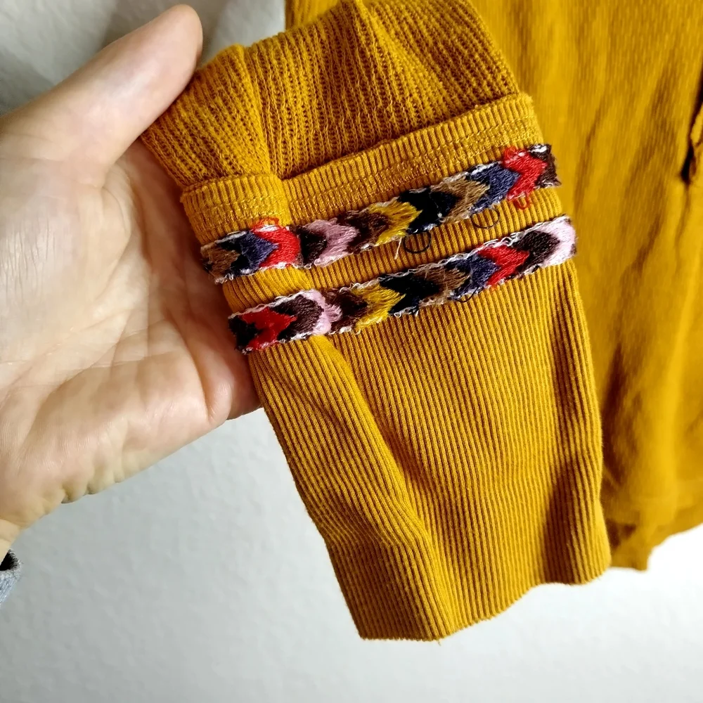 Free People We The Free Mustard Yellow Rainbow Embellished Thermal Top Sz S